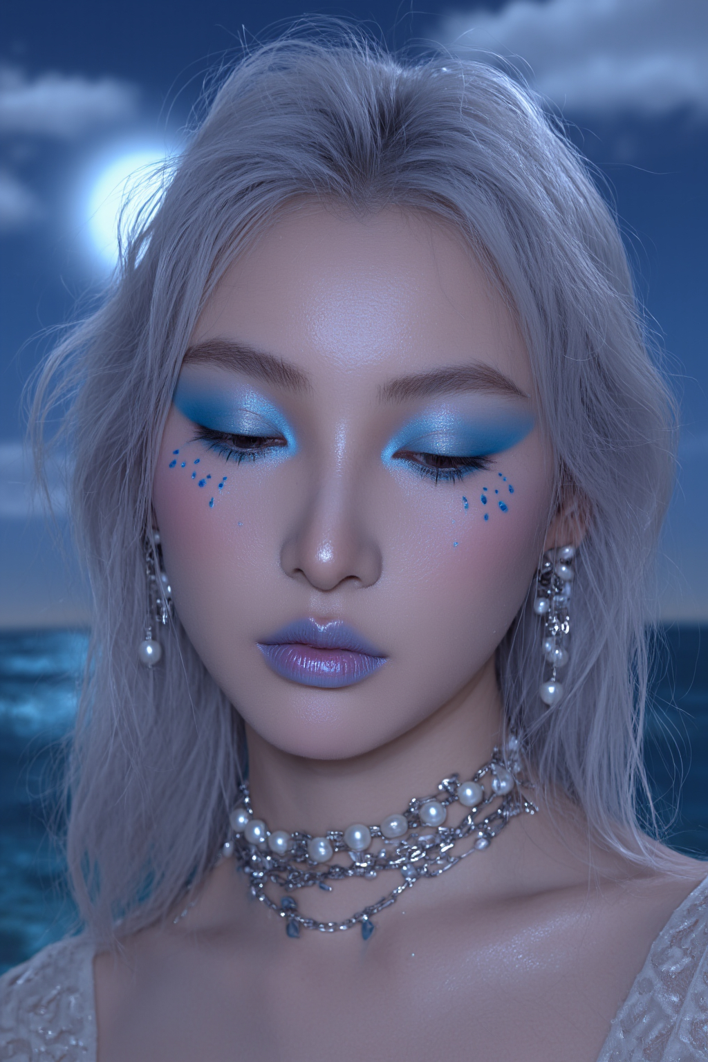 Image Of A Fair Skinned Woman With Silver Hair Blue And Purple Eye Makeup And Pearl