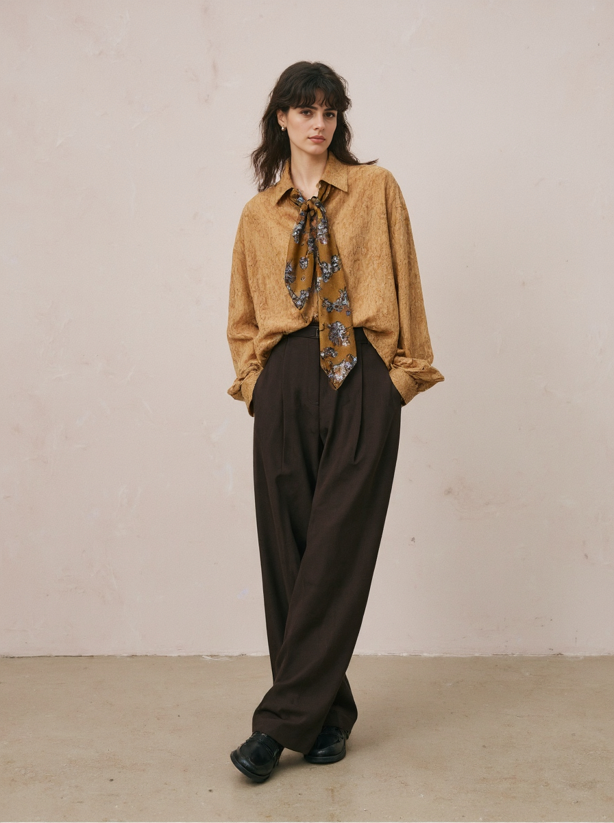In A Tan Blouse Floral Scarf Brown High Waisted Pants Black Shoes Against A