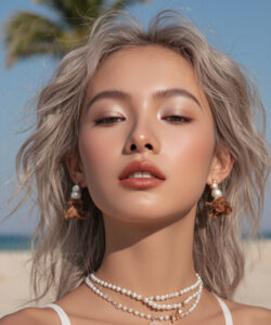 Light Skinned Asian Woman With Wavy Platinum Platinum Hair Wearing Pearl Jewelry And A