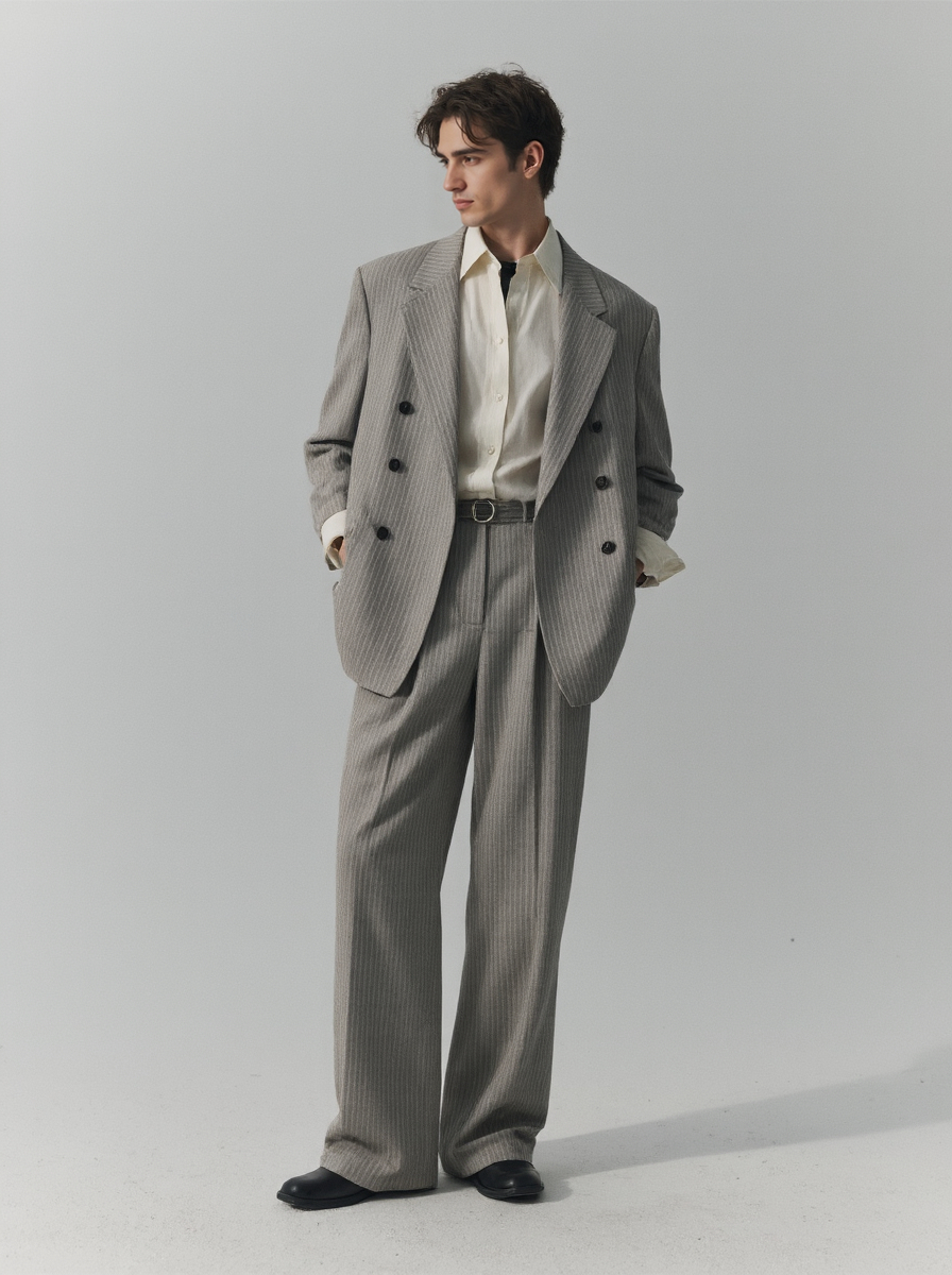 Light Skinned Man In A Gray Pinstripe Suit White Shirt Black Belt And Black