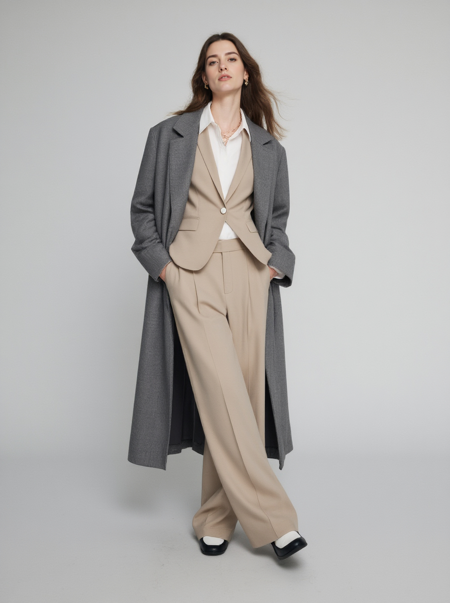 Light Skinned Woman In A Gray Coat Coat Beige Suit And White Blouse Standing