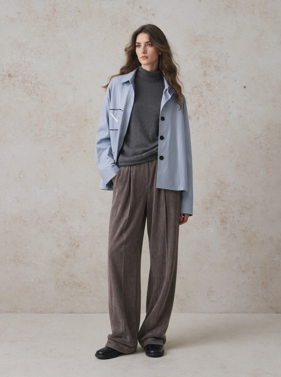 Light Skinned Woman With Long Brown Hair Wearing A Light Blue Jacket Gray Sweater