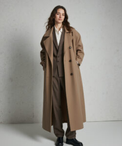 Light Skinned Woman With Wavy Brown Hair Hair Wearing A Long Tan Trench Coat