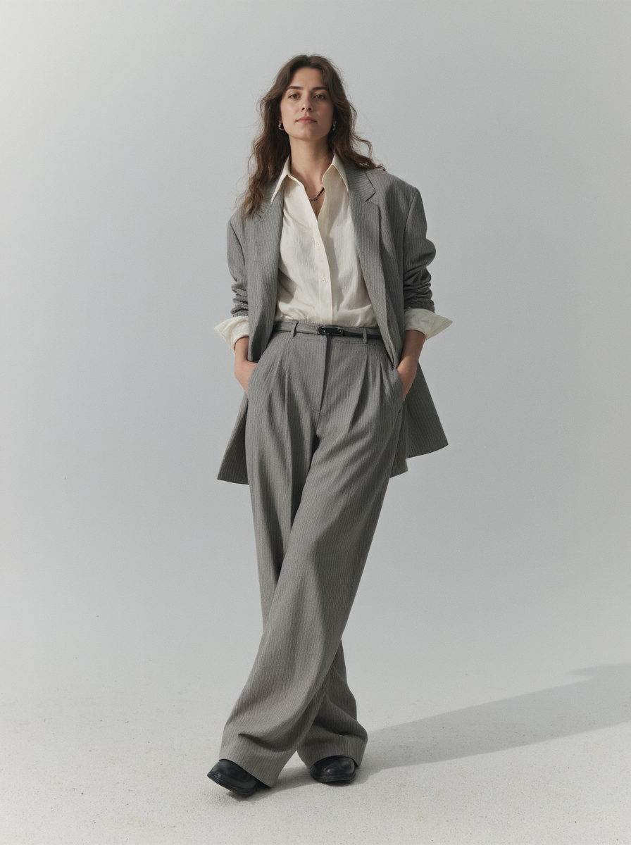 Light Skinned Woman With Wavy Brown Hair Wearing A Grey Suit White Blouse And