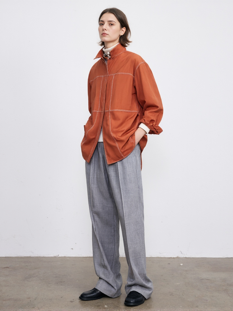 Loose Oversized Rust Orange Shirt Gray Gray High Waisted Pants Black Loafers