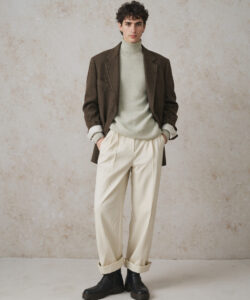 Man In A Brown Blazer Light Green Turtleneck Cream Trousers Black Boots Against A