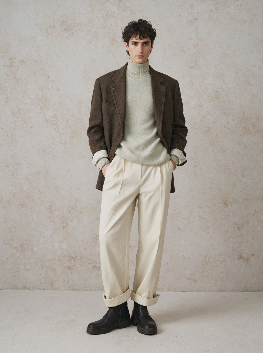 Man In A Brown Blazer Light Green Turtleneck Cream Trousers Black Boots Against A