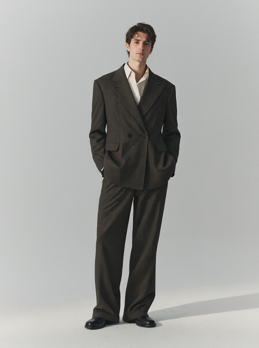 Man In A Dark Pinstripe Suit White Shirt And Black Shoes Standing Against A