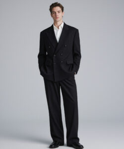 Man In A Double Breasted Dark Pinstriped Suit White Shirt And Black Shoes Against