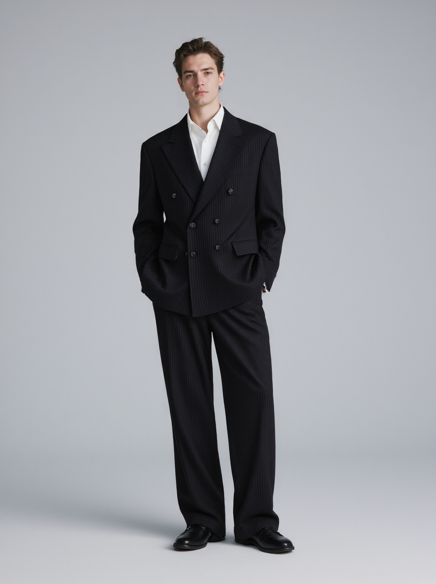 Man In A Double Breasted Dark Pinstriped Suit White Shirt And Black Shoes Against