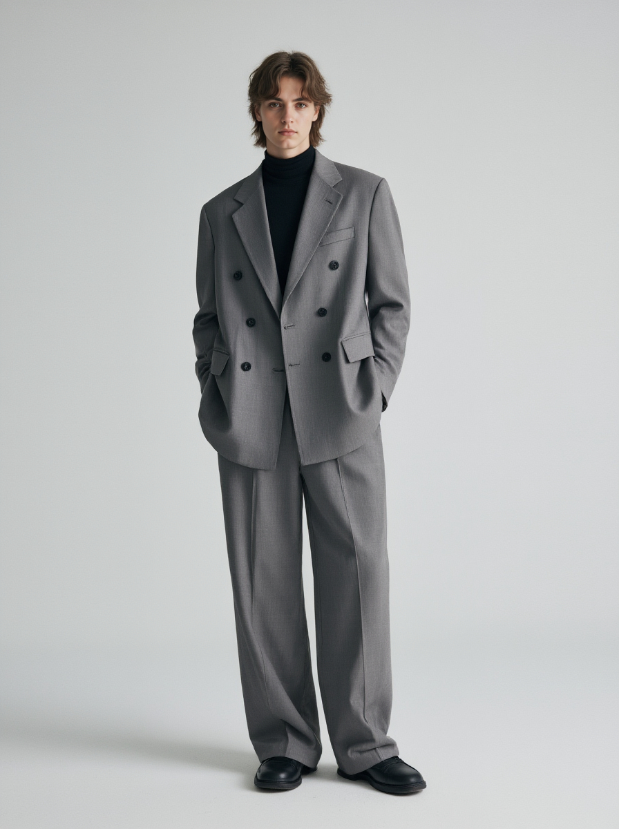 Man In A Grey Double Breasted Suit Suit Black Turtleneck Hands In Pockets Standing