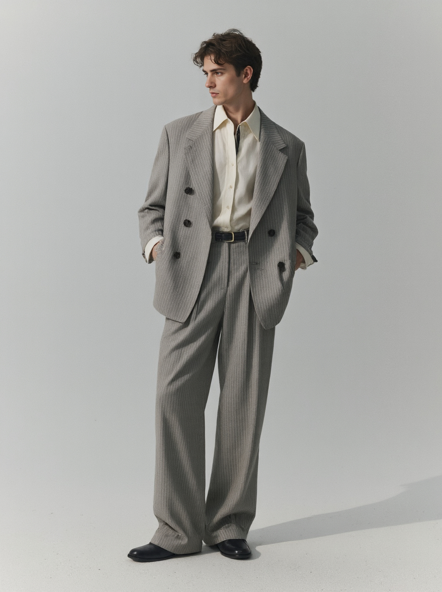 Man In A Grey Double Breasted Suit Suit White Shirt And Black Shoes Standing