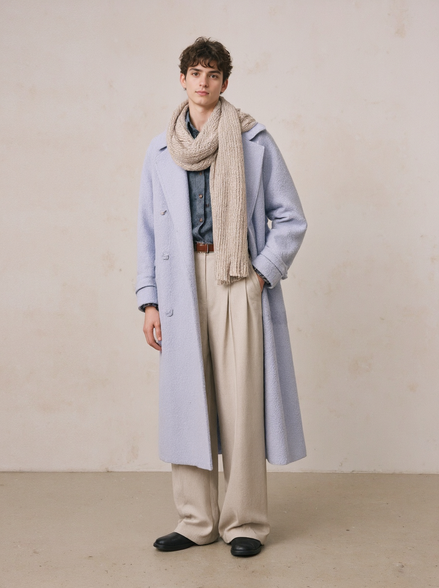 Man In A Light Blue Overcoat Beige Beige Scarf Blue Shirt And Beige Pants