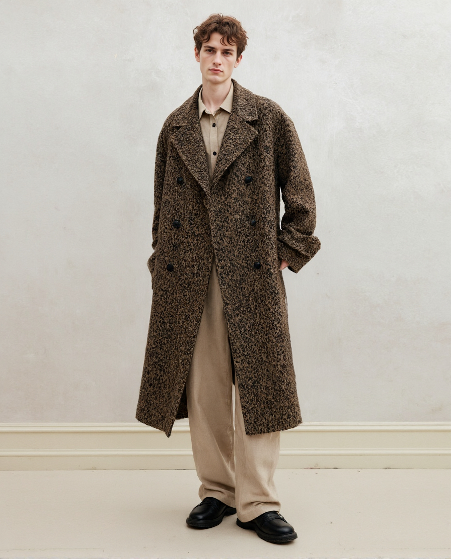 Man In A Long Brown Herringbone Patterned Overcoat Beige Shirt And Pants