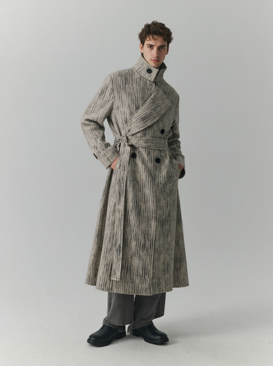 Man In A Textured Grey Overcoat Grey Pants And Black Shoes Standing Against A