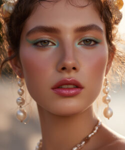 Of A Beautiful Woman With Fair Skin Skin Turquoise Eye Shadow Pearl Earrings And
