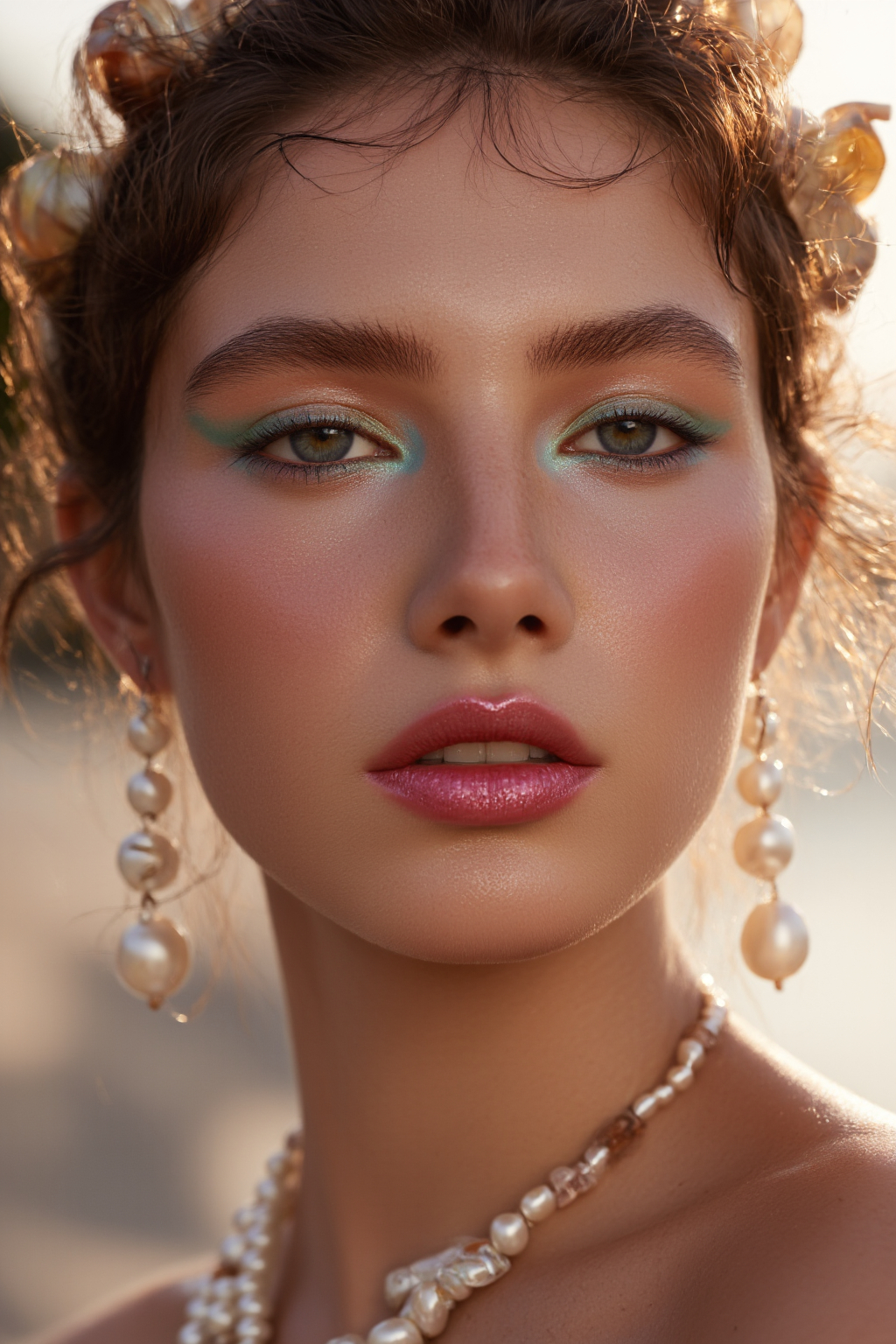 Of A Beautiful Woman With Fair Skin Skin Turquoise Eye Shadow Pearl Earrings And