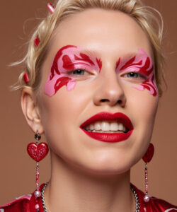 Of A Woman With Bright Pink Floral Face Face Paint Red Lipstick Red Heart Earrings And 1