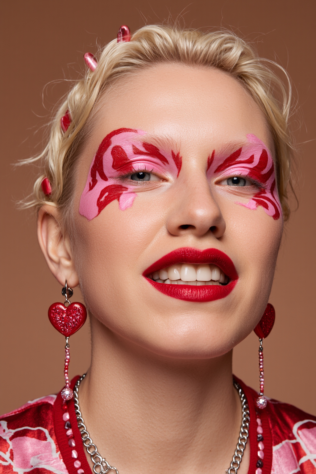 Of A Woman With Bright Pink Floral Face Face Paint Red Lipstick Red Heart Earrings And 1