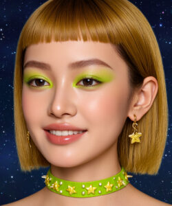 Of A Young Asian Woman With A Bob Haircut Green Starry Eyeshadow And A Green Star