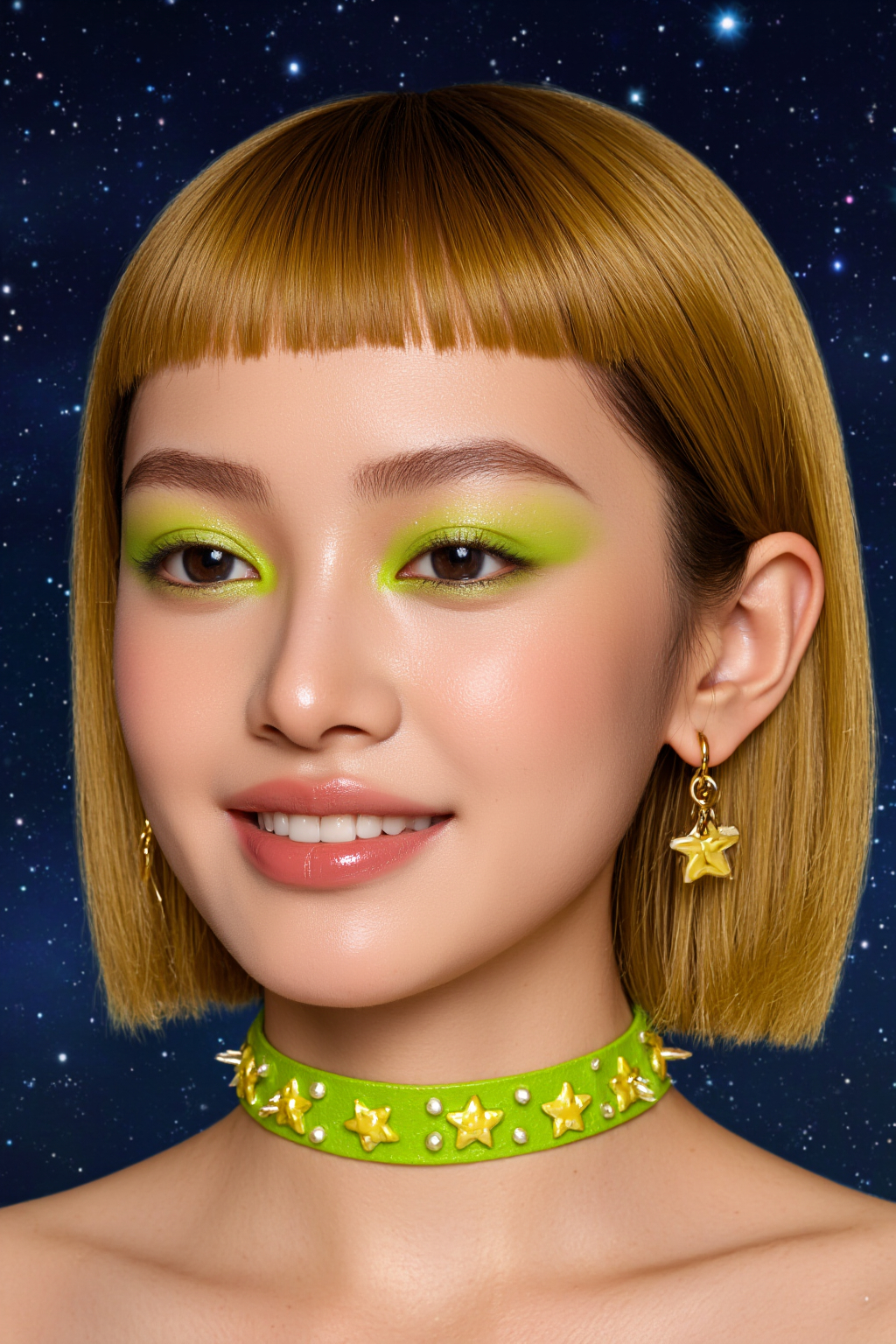 Of A Young Asian Woman With A Bob Haircut Green Starry Eyeshadow And A Green Star
