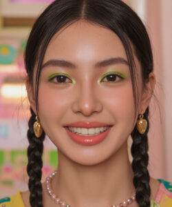 Of A Young Asian Woman With Braided Hair Green Eyeshadow Pink Lipstick And Pearl