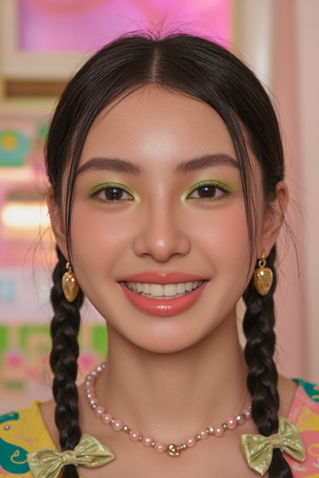 Of A Young Asian Woman With Braided Hair Green Eyeshadow Pink Lipstick And Pearl