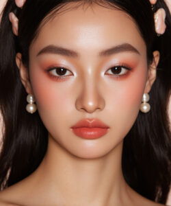 Of A Young Asian Woman With Fair Skin Skin Glossy Peach Lips Delicate Makeup And Pearl