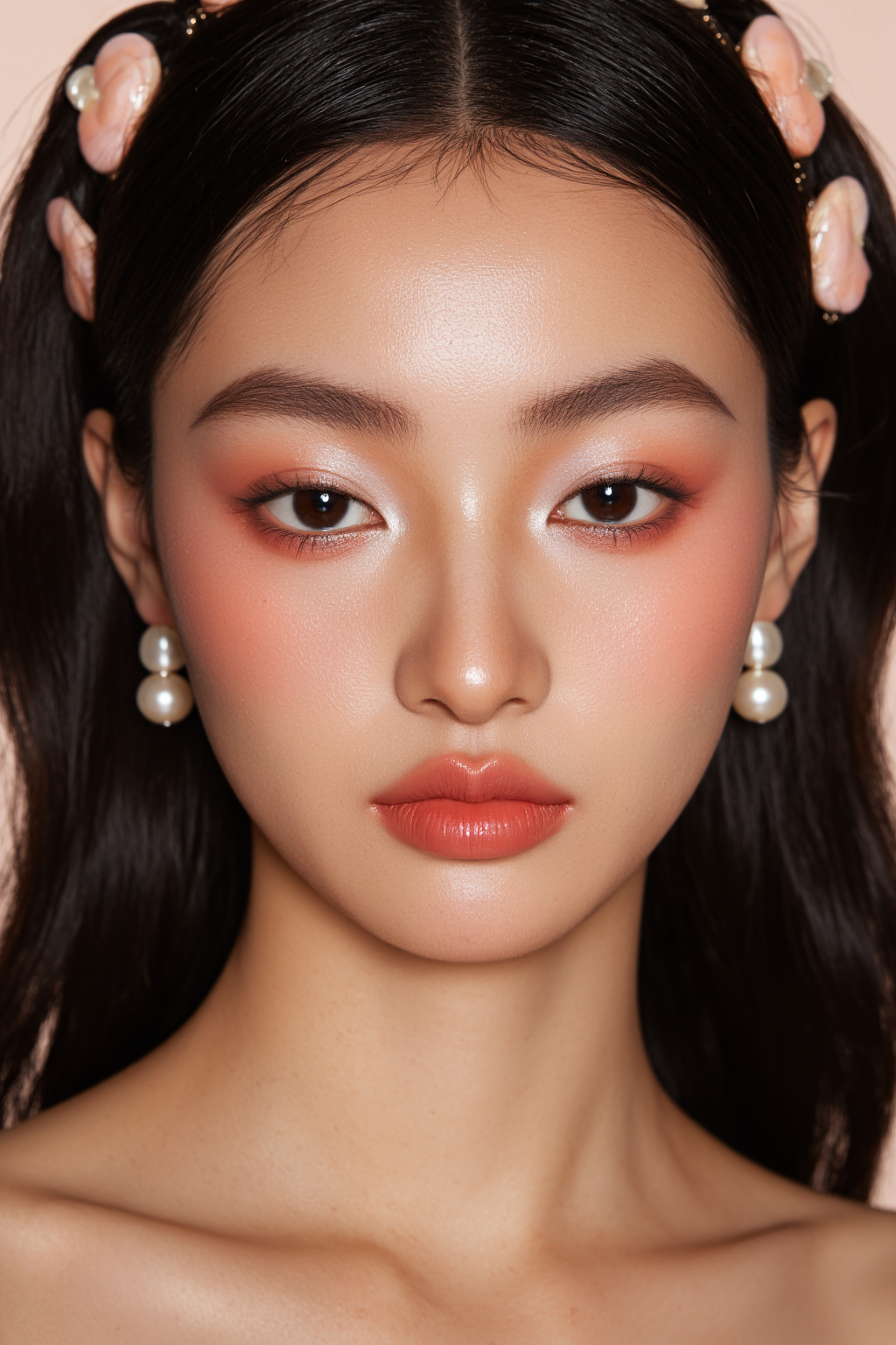 Of A Young Asian Woman With Fair Skin Skin Glossy Peach Lips Delicate Makeup And Pearl