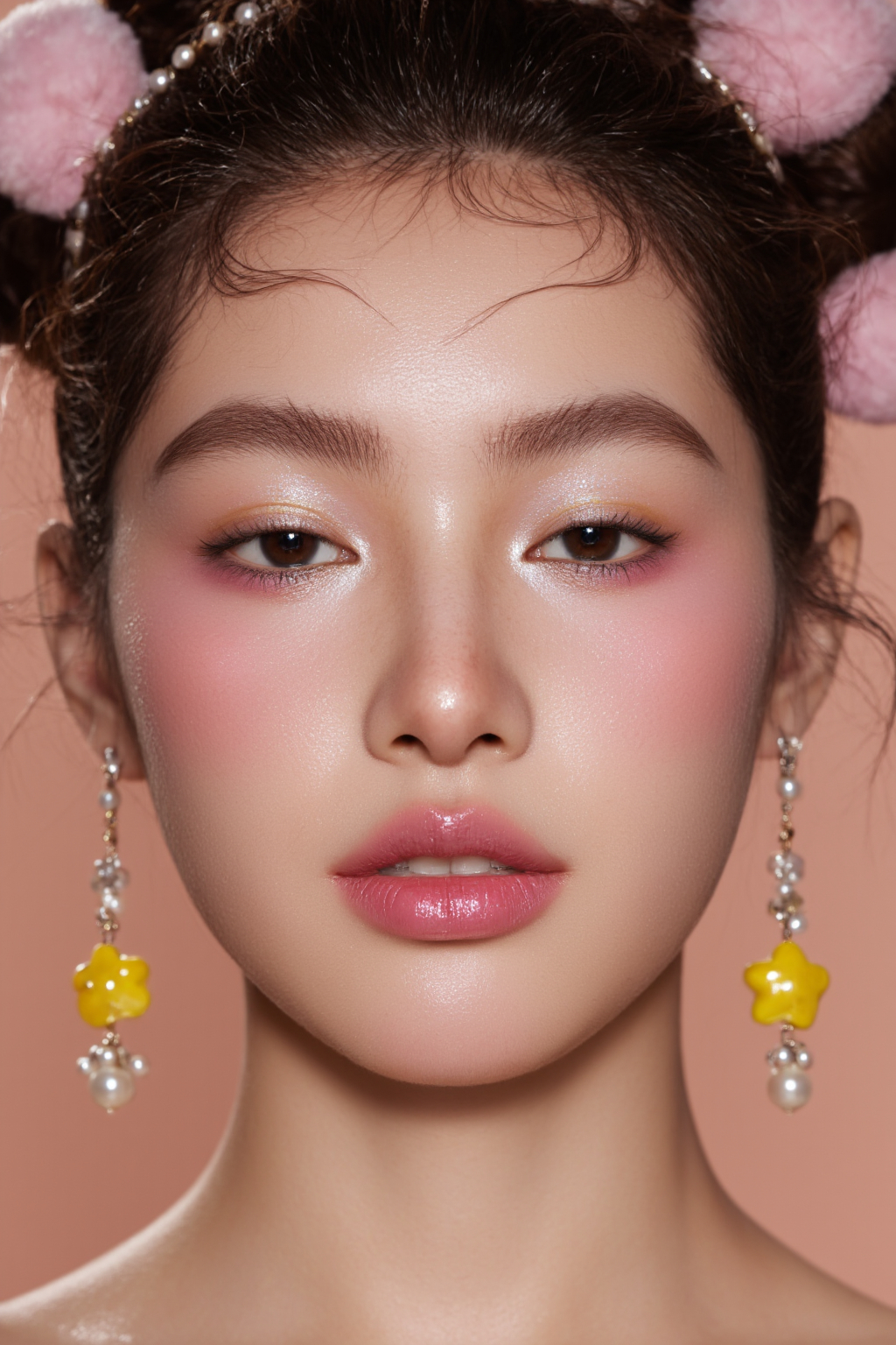 Of A Young Asian Woman With Smooth Skin Skin Pink Blush And Pearl Earrings Against A