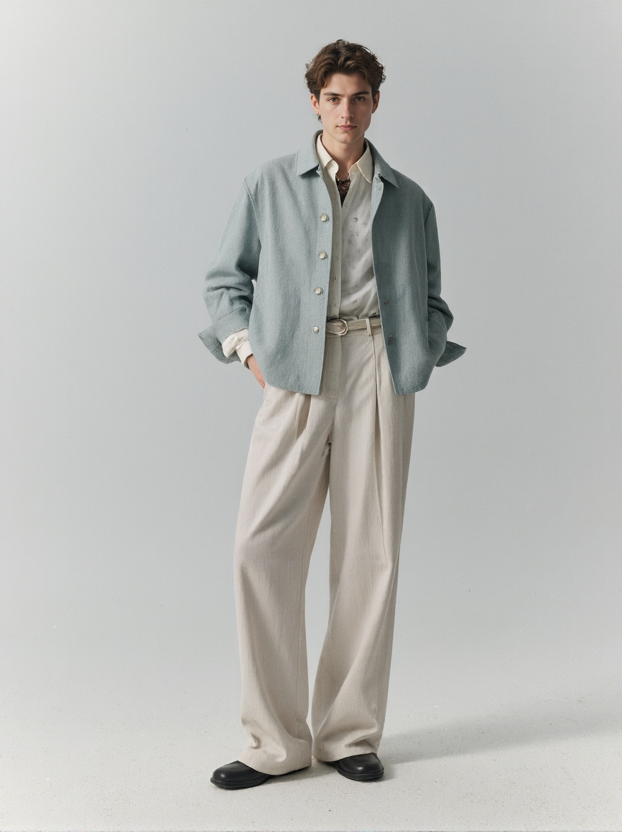 Of A Young Man In A Light Blue Shirt Shirt Beige Pants And A Matching Blazer Hands In