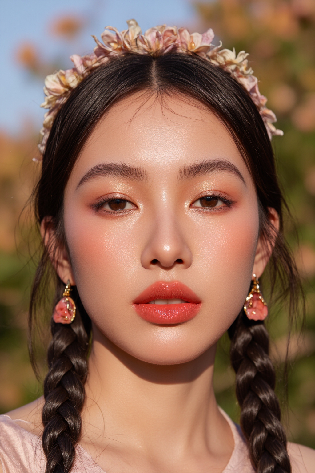 Of An Asian Woman With Braided Braided Hair Wearing Floral Headband Pink
