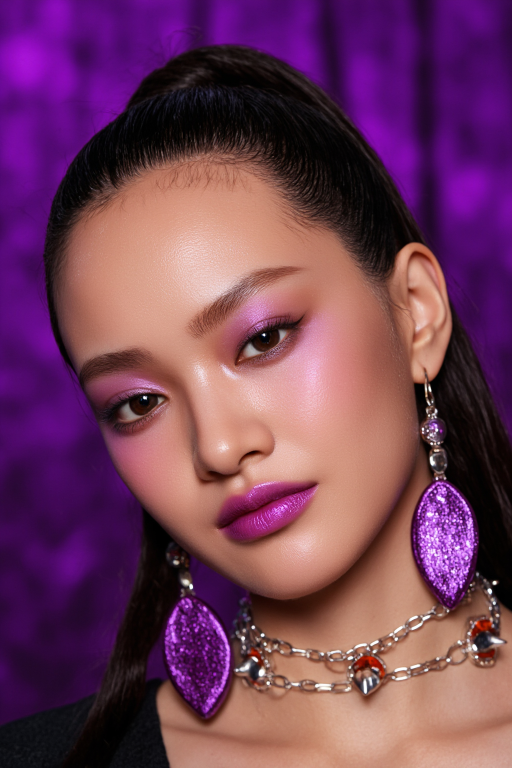 Of An Asian Woman With Flawless Skin Bold Purple Eyeshadow Glittery Earrings And Black
