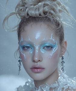 Pale Skinned Blonde Woman With Intricate Blue Blue Makeup Wearing A White Icy Textured