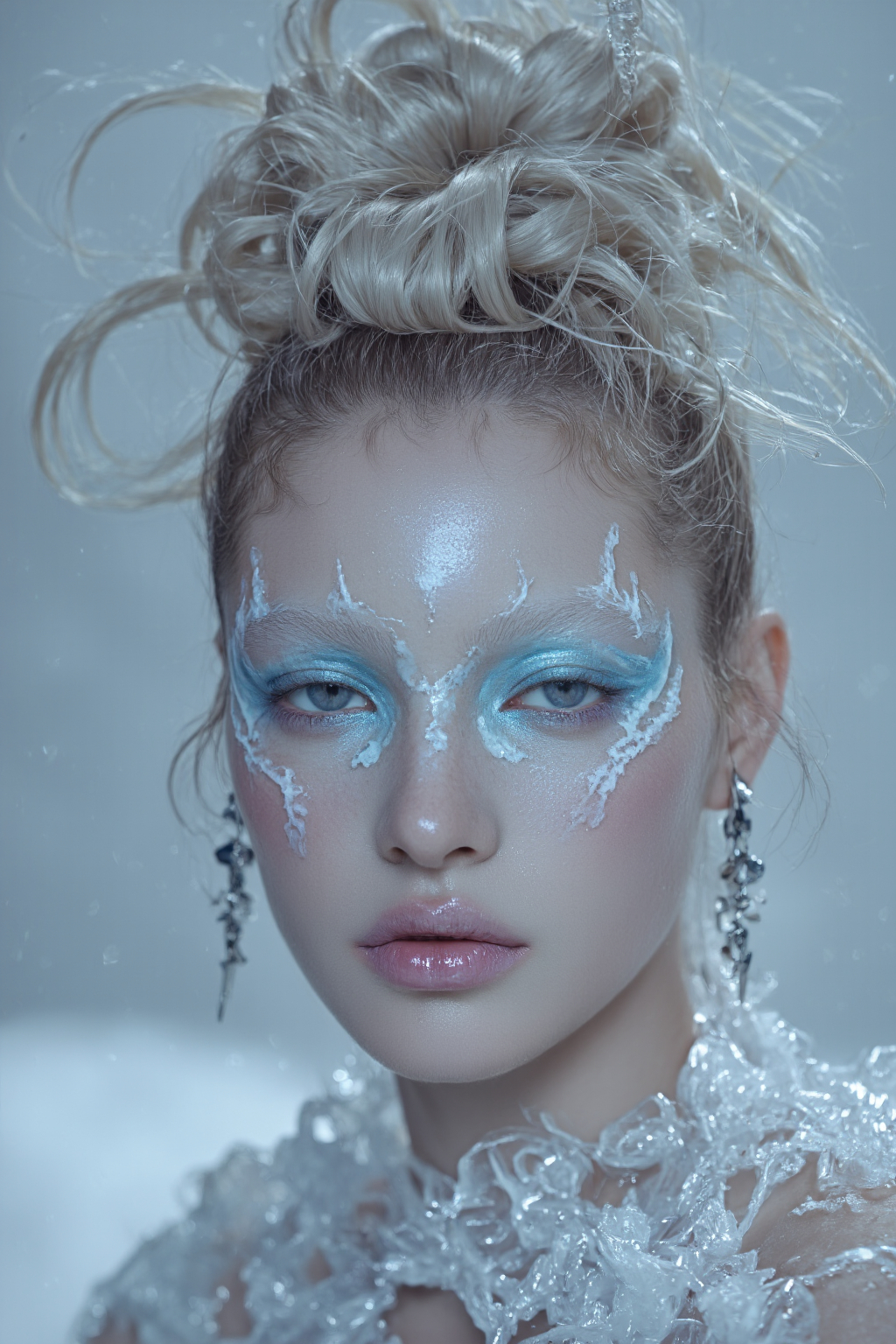 Pale Skinned Blonde Woman With Intricate Blue Blue Makeup Wearing A White Icy Textured
