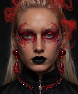 Pale Skinned Blonde Woman With Red Face Face Paint Black Lipstick Red Earrings And 1