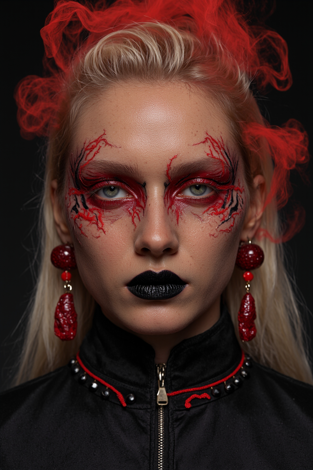 Pale Skinned Blonde Woman With Red Face Face Paint Black Lipstick Red Earrings And 1
