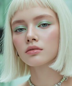 Pale Skinned Woman With Platinum Bob Mint Green Eye Makeup And A Heart Shaped