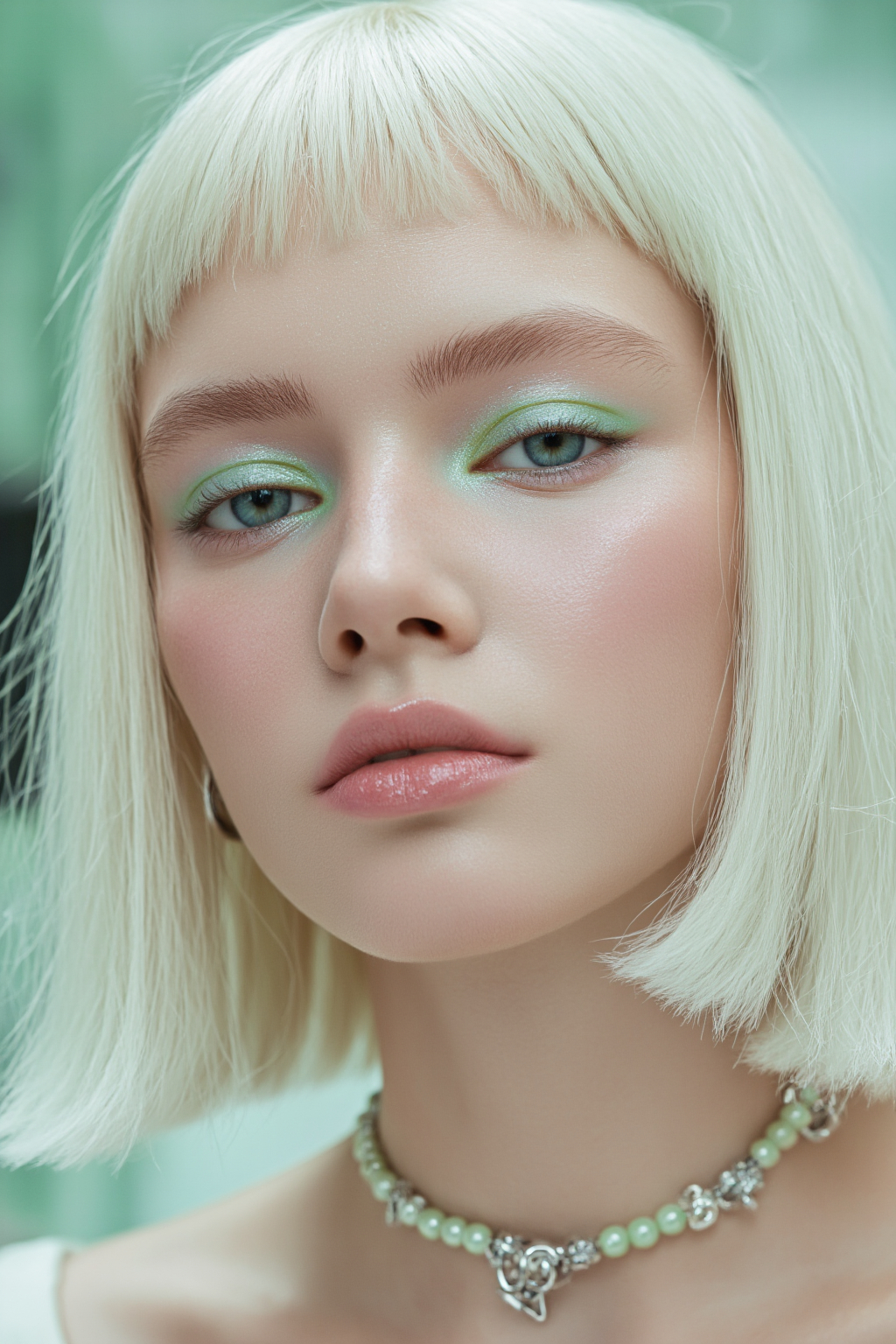 Pale Skinned Woman With Platinum Bob Mint Green Eye Makeup And A Heart Shaped