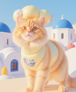 Photo Medium 3d Sfw Cat Solo Orange Fur Fluffy White Fur Yellow Eyes Blue Sky White Buildings Blue Domes
