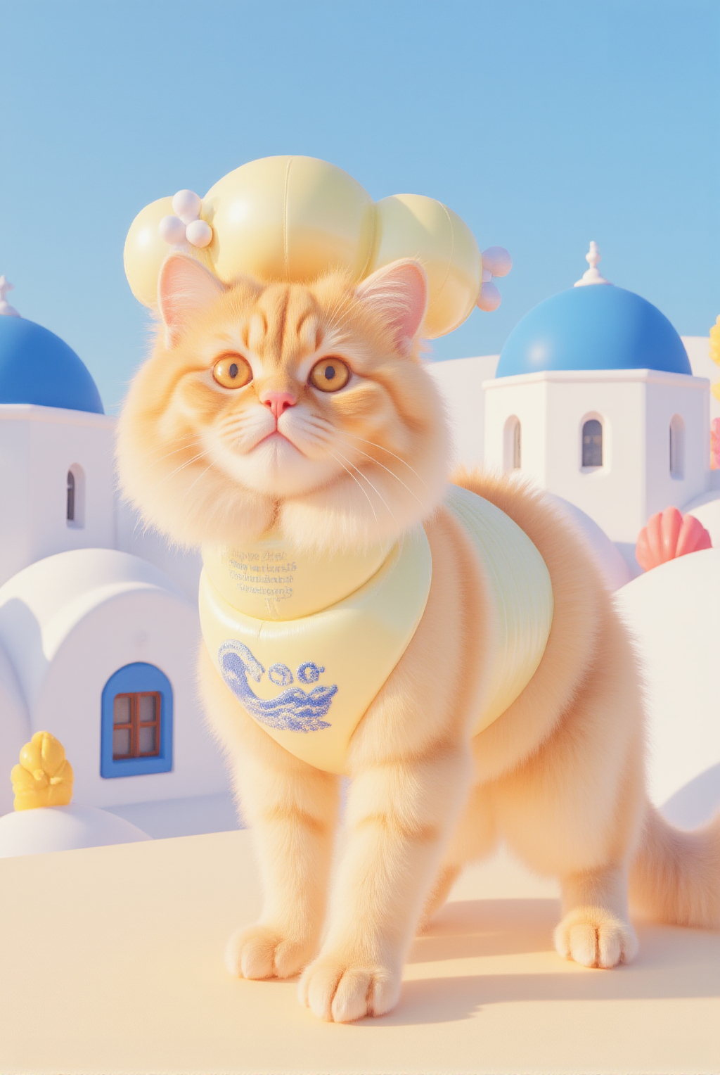 Photo Medium 3d Sfw Cat Solo Orange Fur Fluffy White Fur Yellow Eyes Blue Sky White Buildings Blue Domes