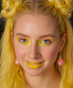 Photo Of A Young Woman With Yellow Hair Hair Styled In Two Buns Yellow And Pink 1