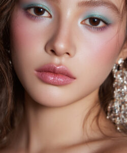 Photograph Of A Young Woman With Light Light Skin Blue Eyeshadow Pink Lips And