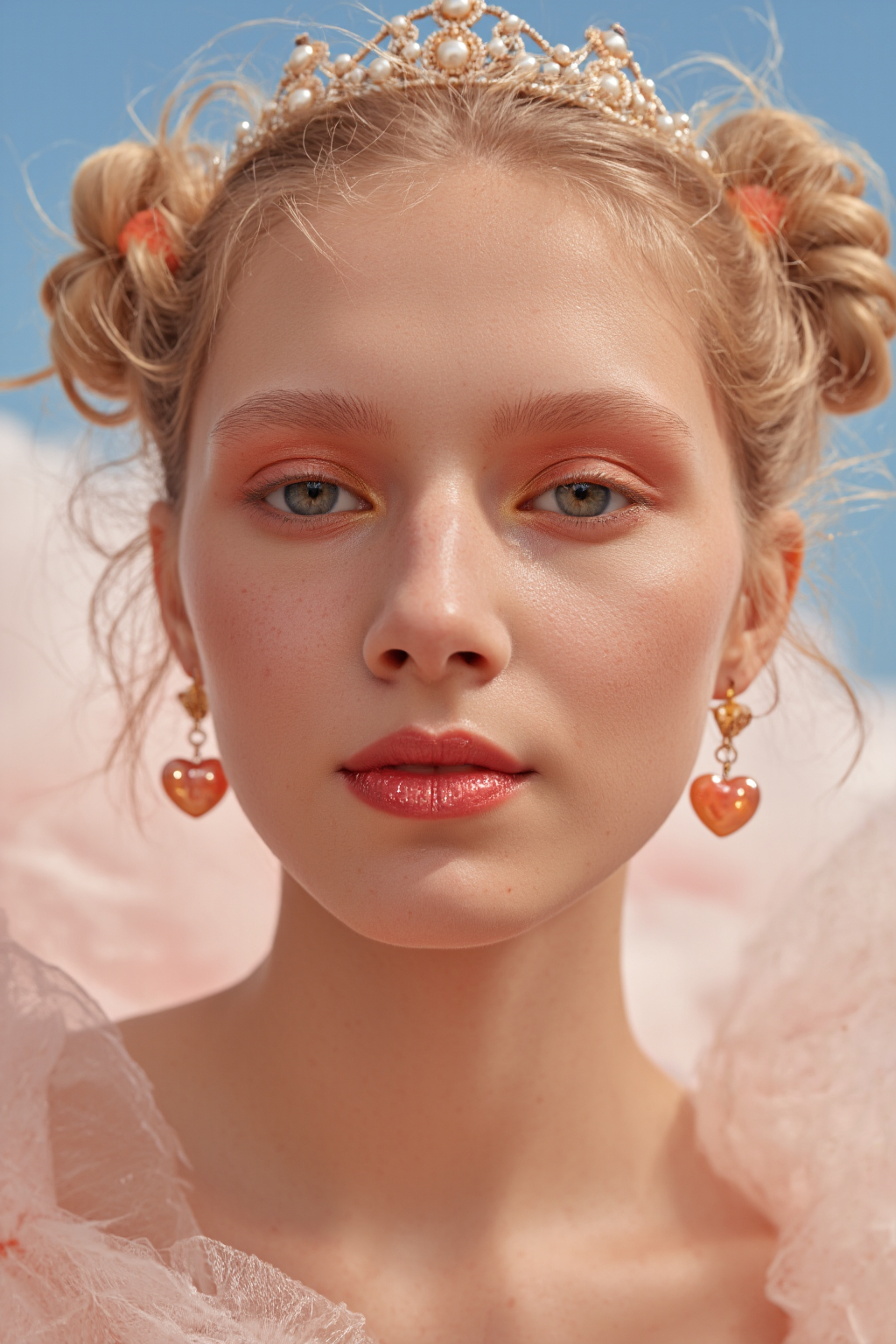Skinned Blonde Woman With Pearl Crown Pink Eyeshadow And Heart Earrings Wearing A Pink 1