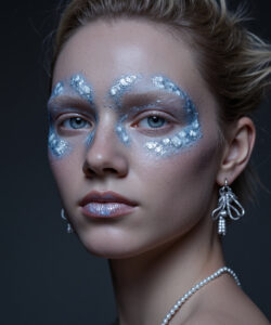 Skinned Woman With Blue Face Paint Wearing Pearl Earrings And Necklace Against A Dark 1
