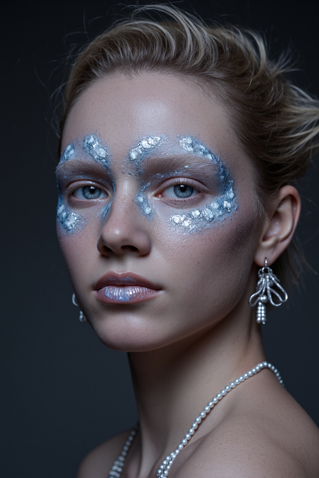 Skinned Woman With Blue Face Paint Wearing Pearl Earrings And Necklace Against A Dark 1