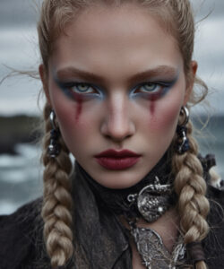 Skinned Woman With Braided Blonde Hair Intense Intense Blue Eyes And Dramatic Red War