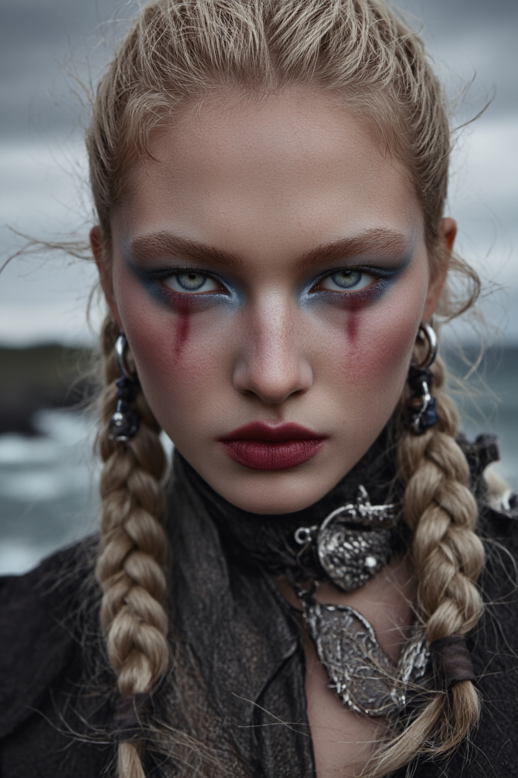 Skinned Woman With Braided Blonde Hair Intense Intense Blue Eyes And Dramatic Red War