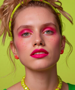 Skinned Woman With Curly Blonde Hair Vivid Vivid Pink Makeup Green Hairband Neon Green 1