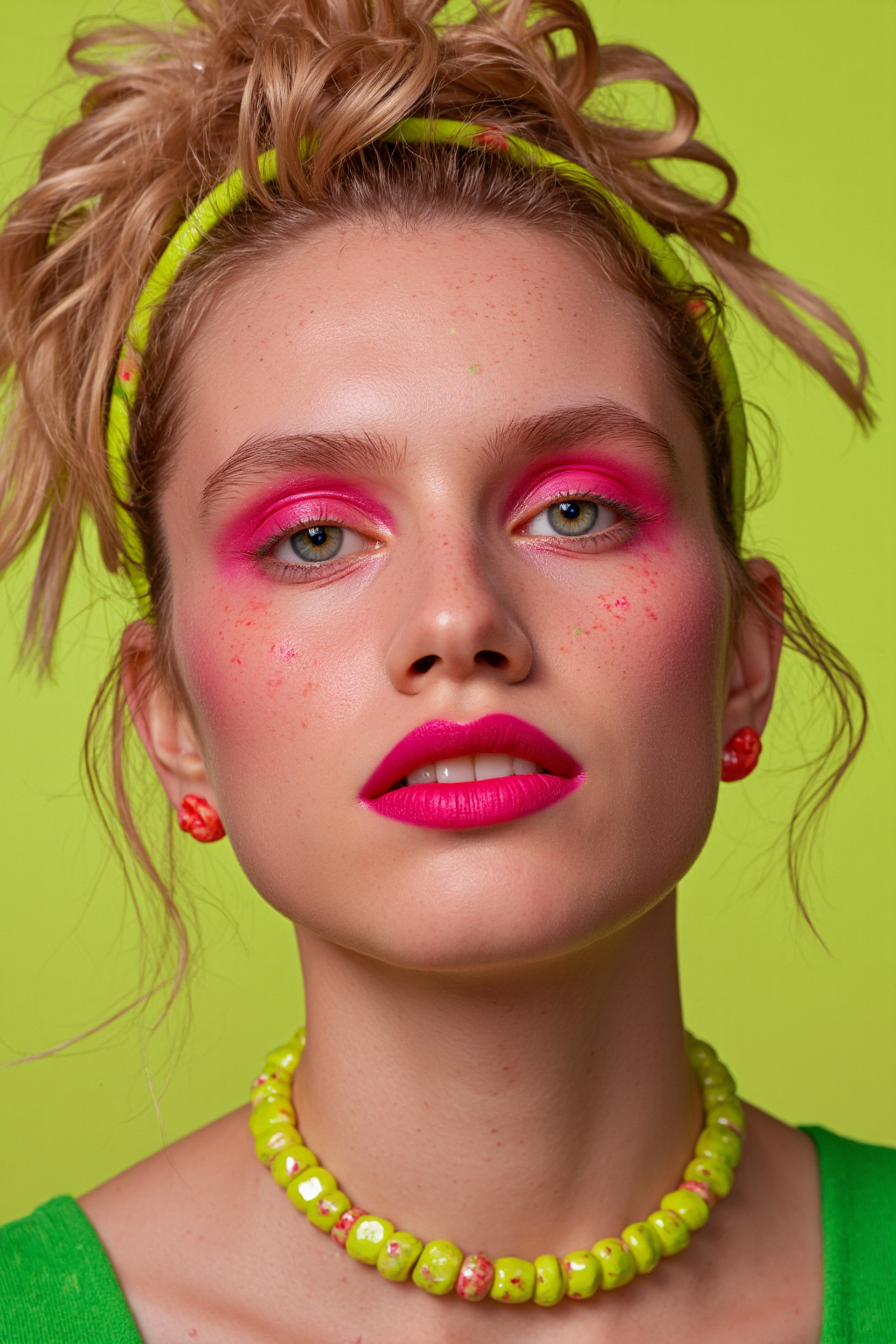 Skinned Woman With Curly Blonde Hair Vivid Vivid Pink Makeup Green Hairband Neon Green 1